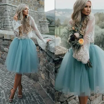 

Illusion Lace Full Sleeves Applique Two Piece Prom Dress with Zipper Back Tulle Ball Gown Knee-Length Party Dress Evening Dress