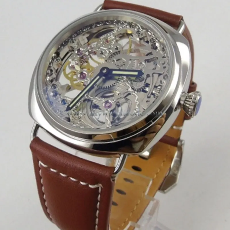 

45mm parnis Hollow out dial brown leather strap 6497 Mechanical ST manual wind mens watch