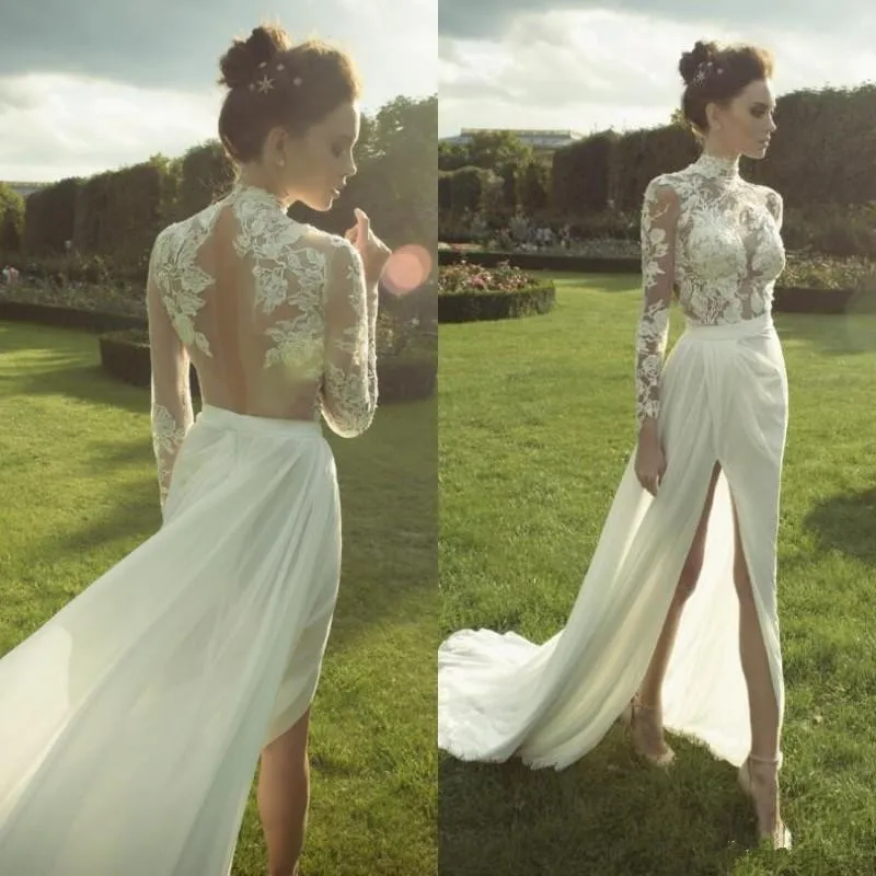Мода-линия Высокая шея шифоновое кружевное платье Винтаж See Through Разделение Свадебная вечеринка платье Vestido De Noiva