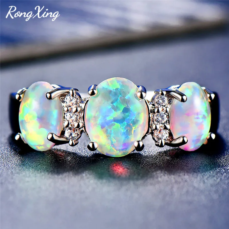 

RongXing 925 Sterling Silver Filled White Fire Opal Rings for Women Wedding Jewelry Big Oval Rainbow Birthstone Engagement Ring