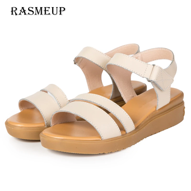 

RASMEUP Genuine Leather Platform Women's Sandals 2018 Open Toe Flat Women Gladiator Sandals Woman Summer Shoes Ladies Footwear