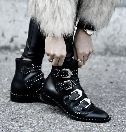 new fashion riding boots for woman 2017 high quality leather rivets studded ankle boots round toe buckle strap motorcycle boots