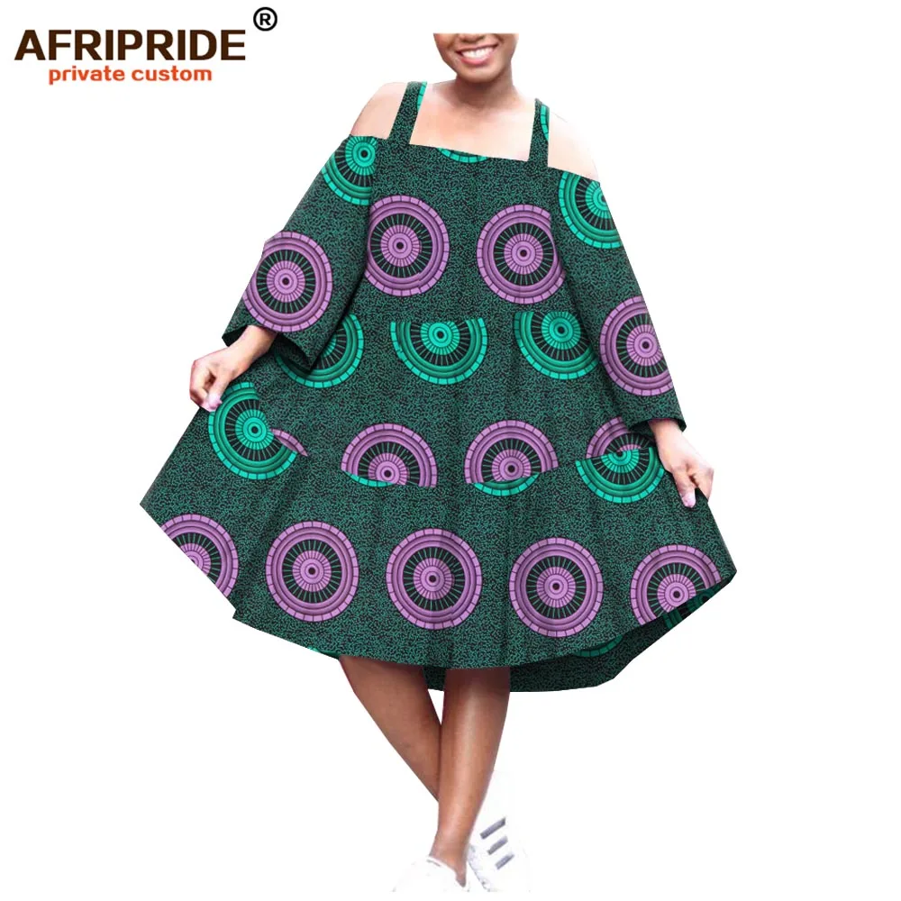 

2019 african wax spring dress for women AFRIPRIDE tailor made bazin richi knee length women casual cotton halter dress A1825108