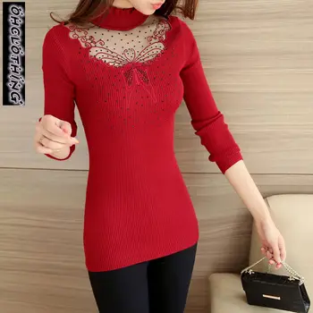 

OHCLOTHING 2019 - half lotus leaf lace butterfly turtleneck Beaded Stretch sweater knit turtleneck vertical stripes