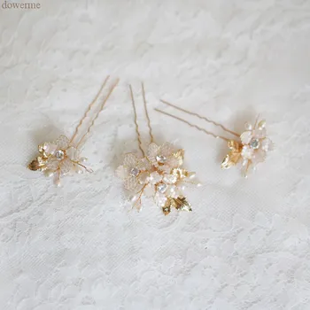 

Beaded Floral Hair Pins Set Bridal Hair Jewelry Gold Leaf Headpiece Women Wedding Accessories