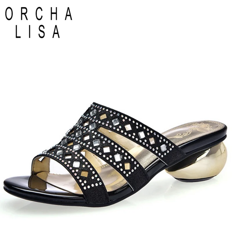 

ORCHA LISA 2019 slippers women cut outs rhinestone round heels strange style ladies mules summer flip flops plus size 43 33