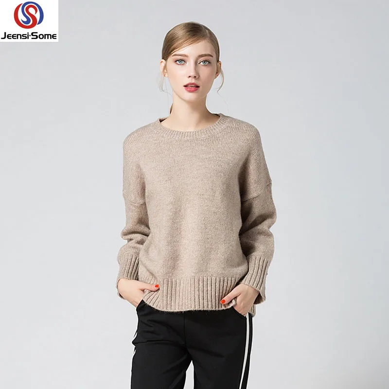 Women Sweater Solid Color Round Neck Loose Knitted Pullover Sweater Casual Style Autumn Winter Khaki