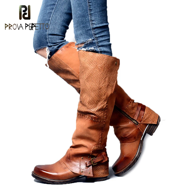 

Prova Perfetto Euramercian Style Sheep Genuine Leather Patchwork Woman Knee High Boot Retro Design Back Buckle Strap Knight Boot