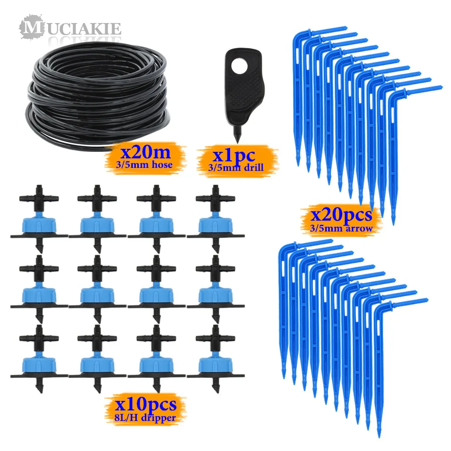 Muciakie на расстоянии до 20 м 3/5 мм 1/8 ''шланг микро капельного стрелка капельницы орошения сада Системы корни растений полива Наборы 2/4 способы излучатель