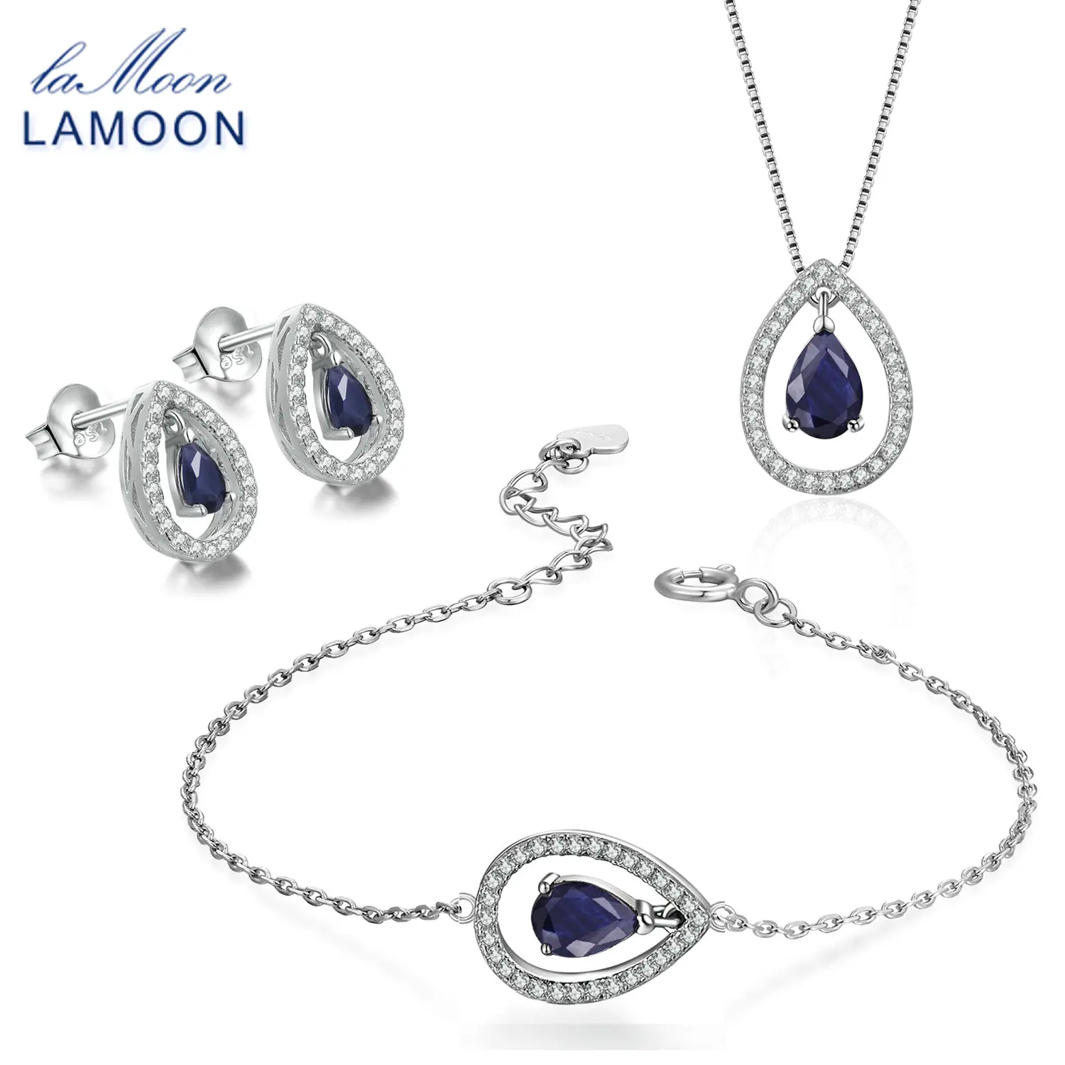 LAMOON x5мм слеза настоящий синий сапфир 925 пробы-серебро-ювелирный набор с короной S925 для женщин V040-4