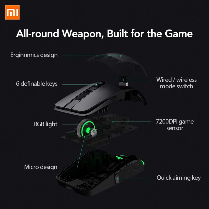  Xiaomi Wired Wireless Gaming Mous e 7200DPI Programmable RGB Color Lights 6 Programmable Keys