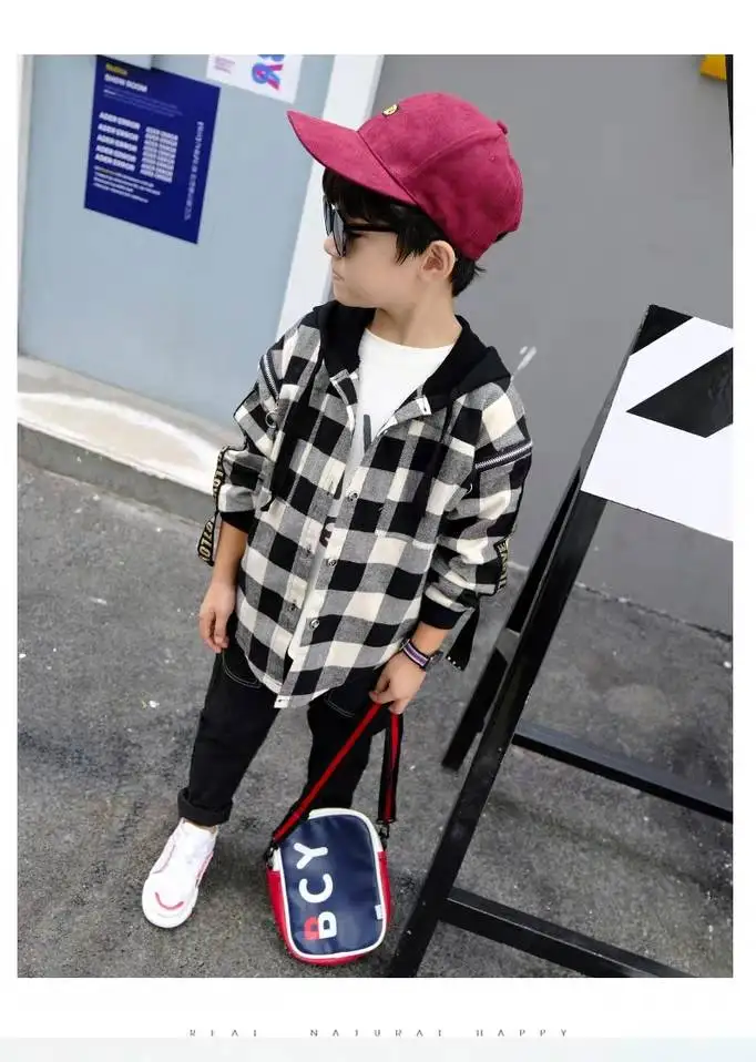 INS/Популярные уличные куртки для мальчиков от 3 до 13 лет, Корейская весенняя и осенняя куртка клетчатая рубашка с капюшоном для мальчиков Детское пальто с буквенным принтом