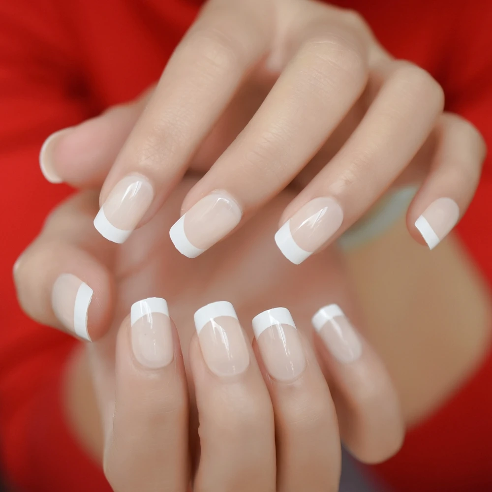 

24pcs Soft Pink Natural Nude White French Fake False Nail Tips Full Cover UV Press on Nail For Fingers Art with 1pc Glue Sticker