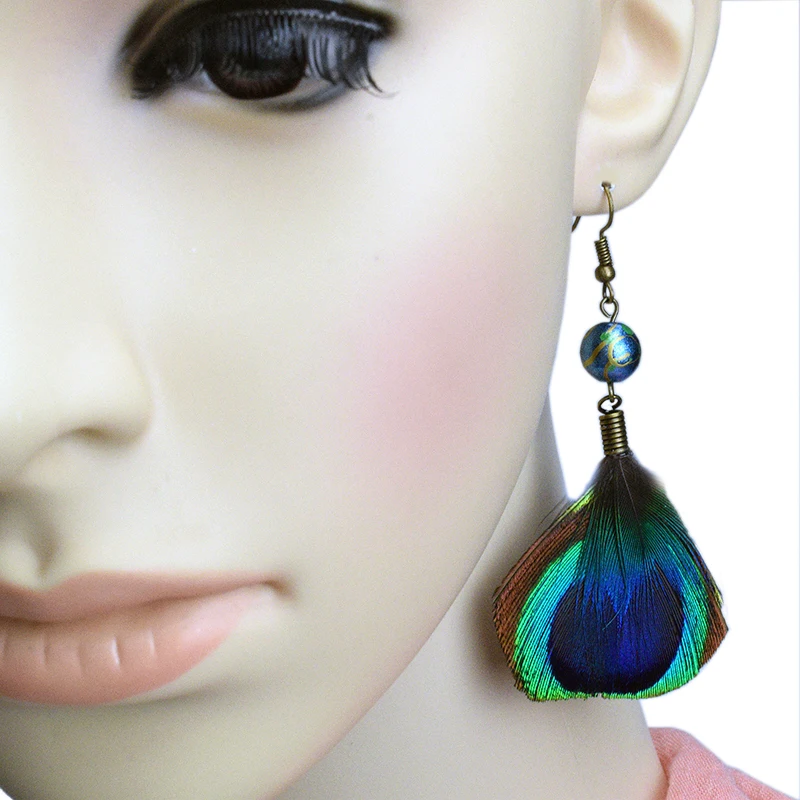 Handmade Fashion Peacock feather earrings Bohemian Natural Drop Dangle Earrings