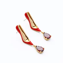 Moda de alta calidad rojo esmalte zapatos de tacón alto pendientes para mujeres hecho a mano boda cristal cobre gota joyería de pendientes