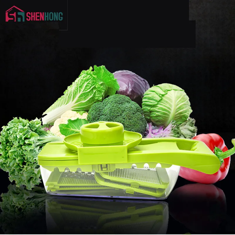  Vegetable Cutter Food Container Adjustable Mandoline Slicer with 4 Interchangeable Stainless Steel Blades Slicer Grater 