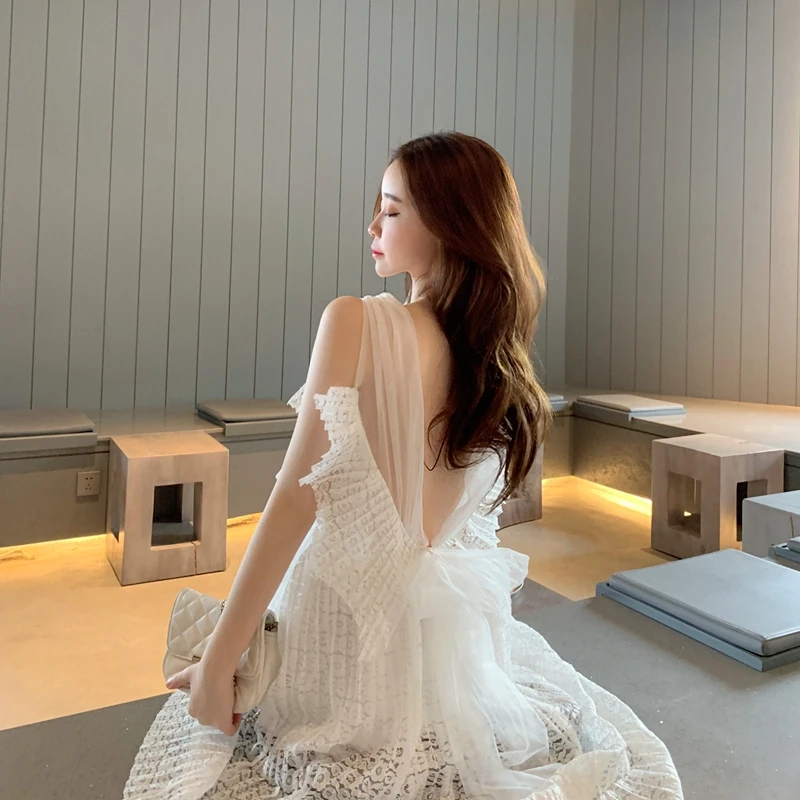 

Fairy Pleated Cami Dress Women V-neck High Waist Backless Mesh Bow Ruffles Princess Dresses Sleeveless Spaghetti Strap Vestidos