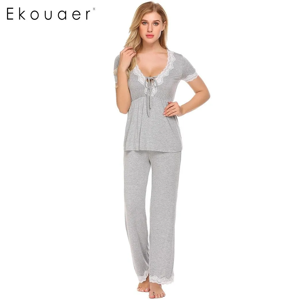 Ekouaer для женщин Повседневное пижамы комплект свободные короткий рукав кружево лоскутное эластичный пояс однотонная Пижама женский ночн