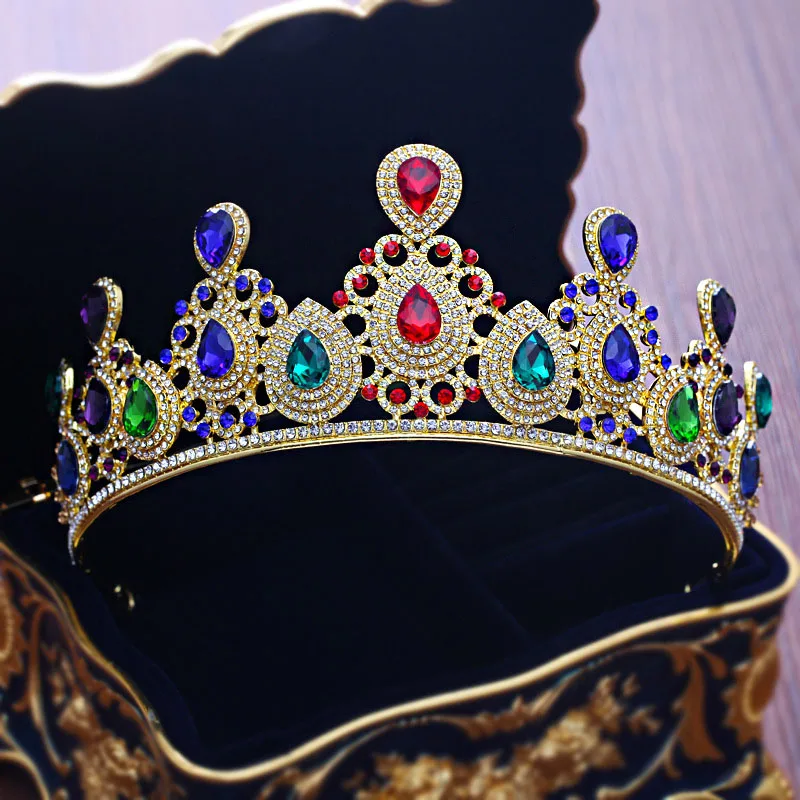 Best New King Queen Diadem Gold Coloful Rhinestone Bridal Tiaras Crown Crystal Hair Ornaments Princess Bride Headpieces Jewelry