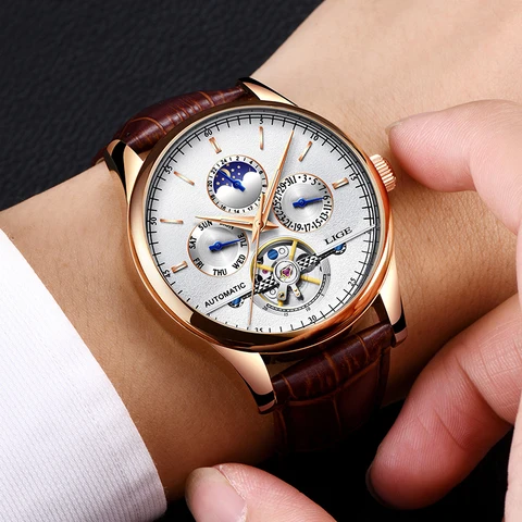 Marca de Luxo Relógio de Pulso à Prova Água + Boi Lige Relógios Masculinos Automático Relógio Mecânico Tourbillon Esporte Data Automática Dwristver