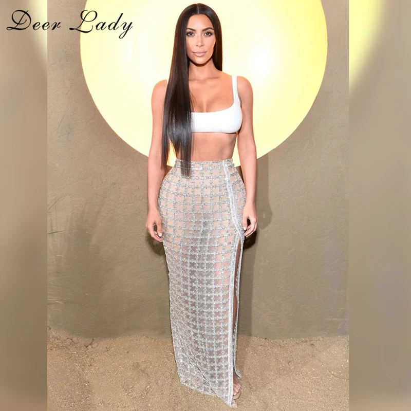 

Deer Lady Autumn 2 Piece Bandage Set 2019 kim kardashian Bodycon Mesh Sheer Dress Women Glitter Dress Party White Sexy Crop Top