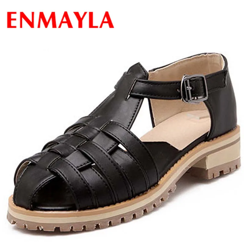 

ENMAYER grade PU Buckle T-Strap women Sandals Rome Casual Platform Sandals five colors large size:34-43 Fretwork shoes Sandals