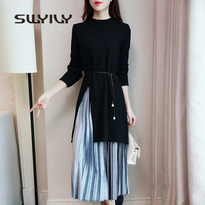 SWYIVY Women Skirts Suit Long Sweater Pleated Mid Calf Skirt 2018 New 5XL Plus Size Female Casual Two Piece Sets Knitted Top