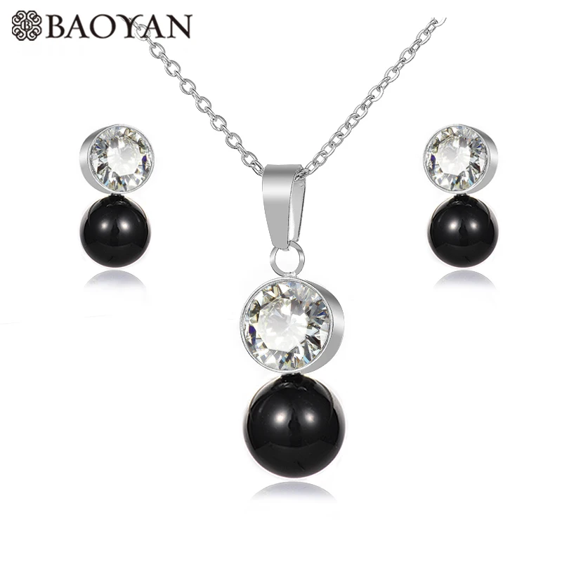 

BAOYAN Elegant Gold Silver Chian 8 Color Round Crystal Pearl Pendant Women Stainless Steel Necklace Jewellery Set For Women