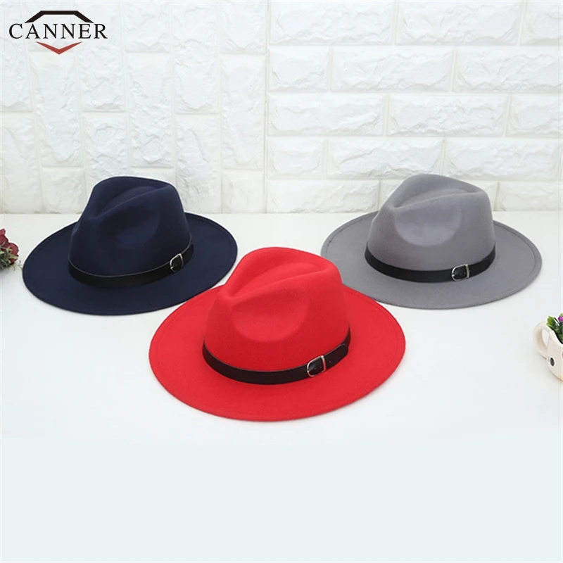 

Autumn Fedoras Jazz Hat Men Round Top Hats for Women Blue Red Black Woolen Blend Cap Outdoor Casual Hat H40