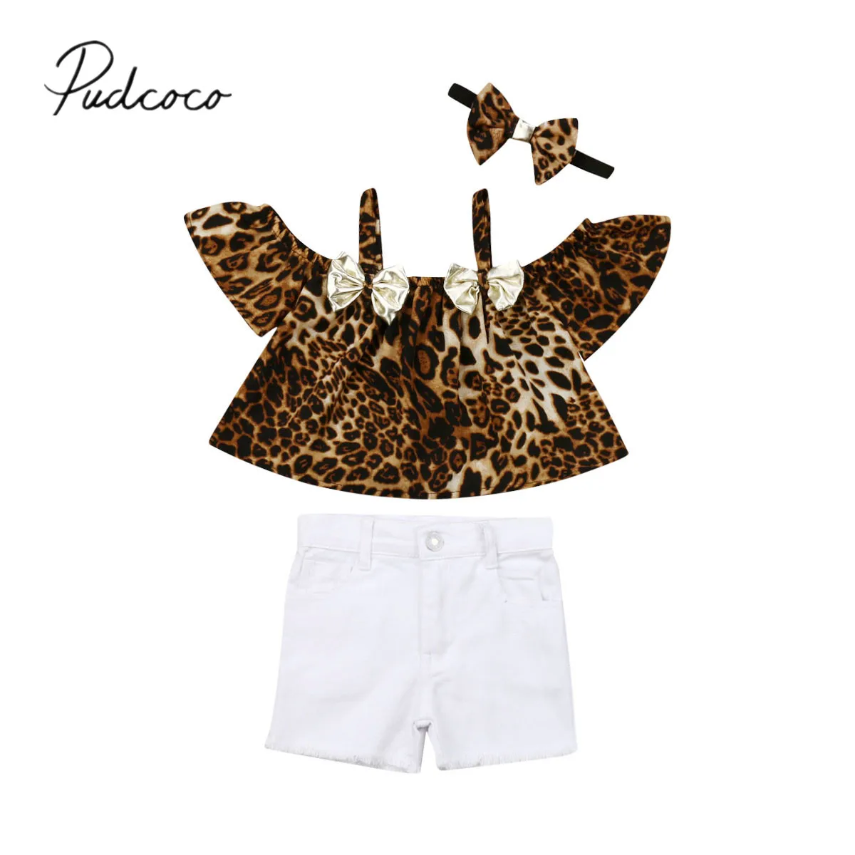 

2019 Baby Summer Clothing 1-6Y Toddler Kids Baby Girl Clothes Leopard Off Shoulder Bow Tops+White Shorts+Headband Outfits Set