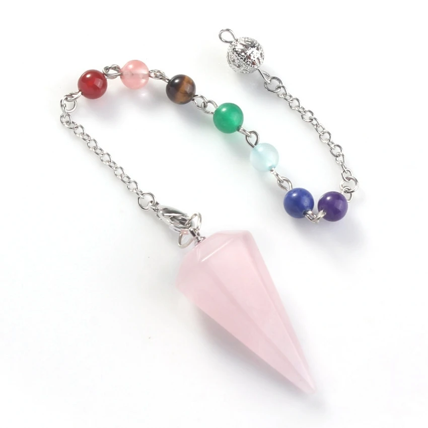 

Kraft-beads Popular Hexagon Pyramid Stone Chakra Pendulum Natural Rose Quartzs Pendant Link Chain Fashion Jewelry