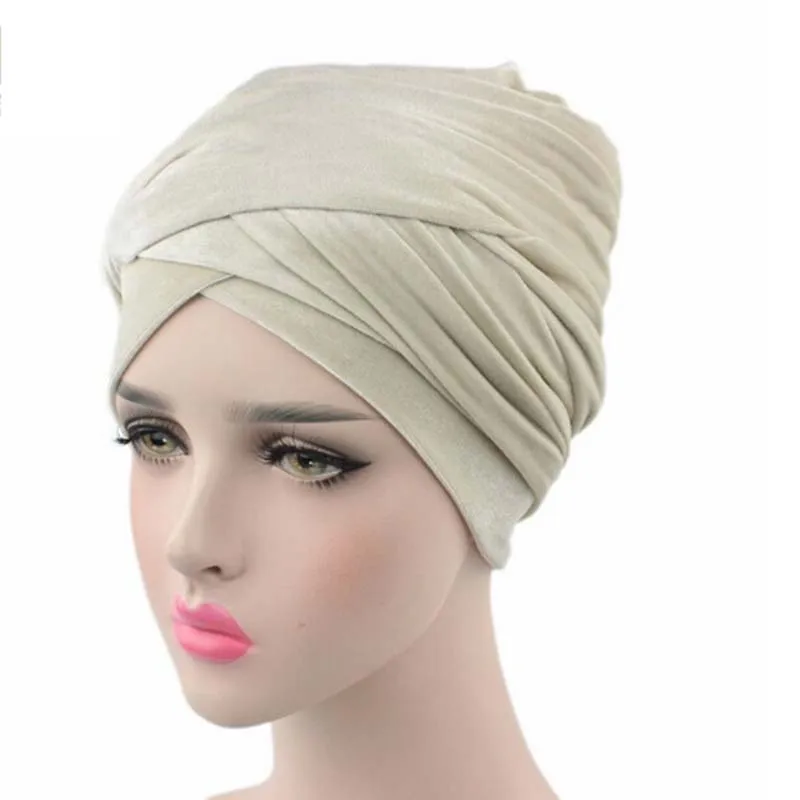 Helisopus Женская мода стиль бархат мусульманский тюрбан длинный хвост кепки сплошной цвет обернутый головной платок шляпа дамы платок - Цвет: beige