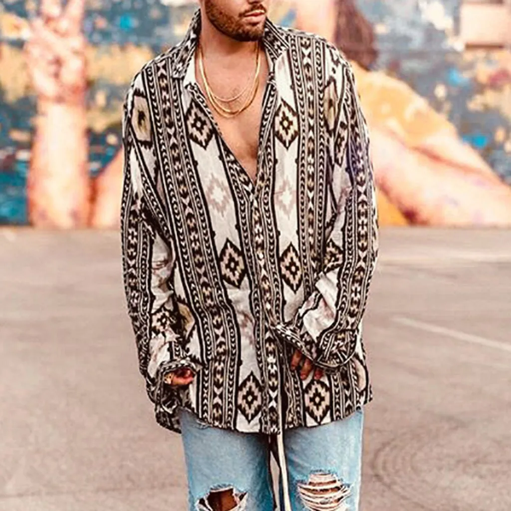 

2019 New Arrival Fashion Men's Baggy Beach Print Long Sleeve Button Trun-down Collar Shirts Man Shirts High Quality Camisa