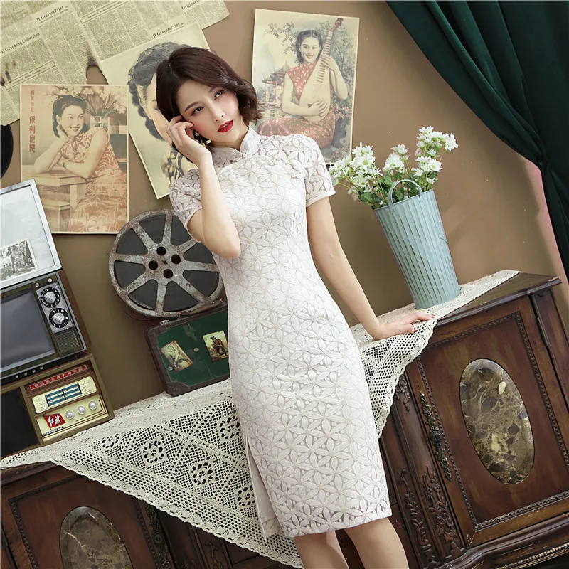 Модное белое традиционное китайское платье Qipao современное кружевное