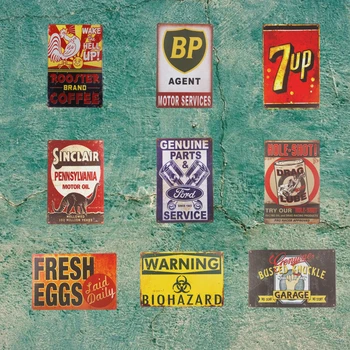 

Vintage Tin sign BP 7 up Rooster Coffee Garage Art Posters Wall Plaque Garage Bar Rustic Home Decor Man Cave