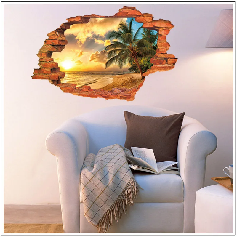 Creative Breaking Wall Beach Coconut Tree 3D Wall Stickers Background