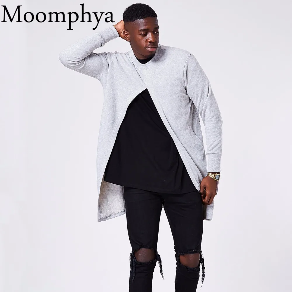 

Moomphya 2017 New Autumn/Winter Opening Long Slit Men hoodies sweatshirt Cardigan Longline hip hop hoodie men streetwear