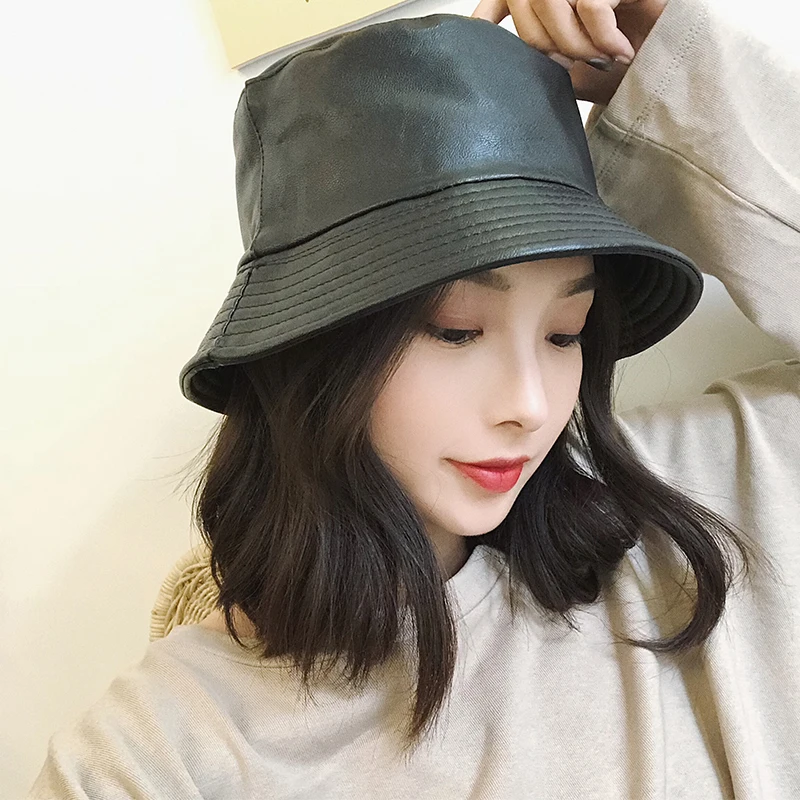 Buy Fashion Unsex Black PU Leather Bucket Hats Women