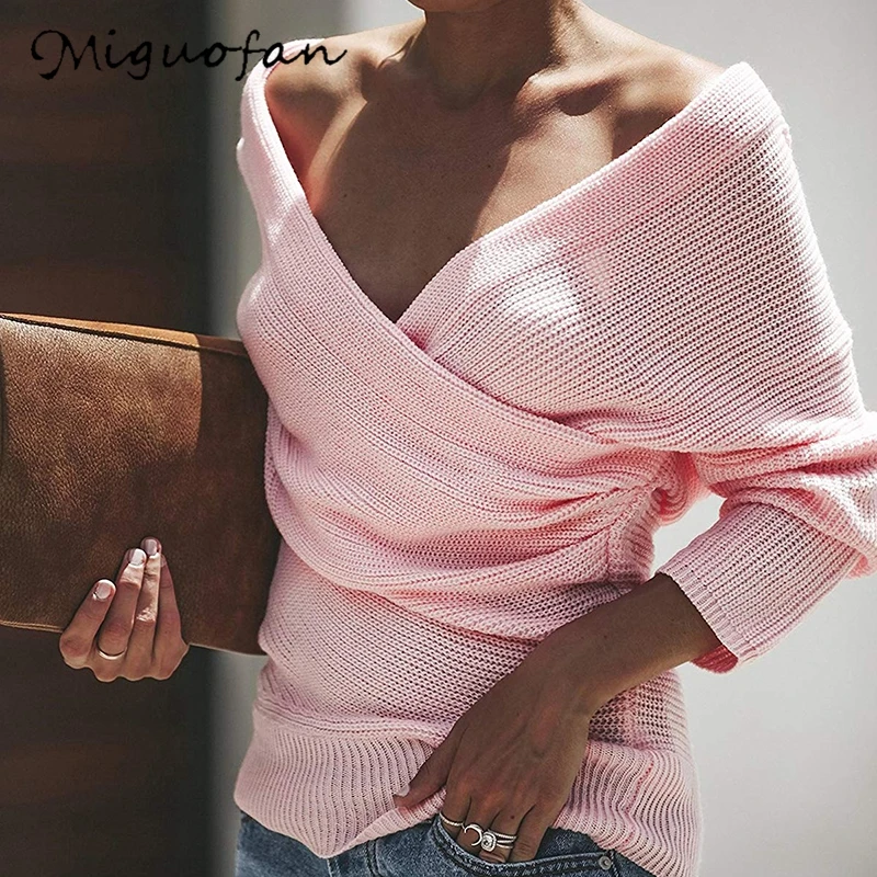 

Miguofan Knitted Pullovers Sweater Women Sexy V-neck Casual Solid Jumpers Long Sleeves Tops Sweaters 2019 Autumn Winter Fashion