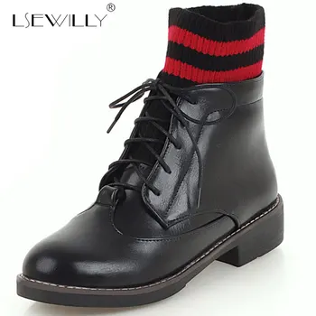 

Lsewilly Fashion Women Shoes 2018 Woman PU Leather Med Heel Ankle Winter Boots Shoes Ladies Casual Round Toe Lace Up Boots E273