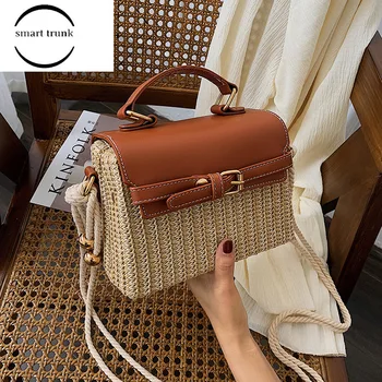 

2019 Summer Female Vintage Straw Beach Shoulder Crossbody Bags Casmor Retro Women Knitting Handbag Belt Buckle Box Bag