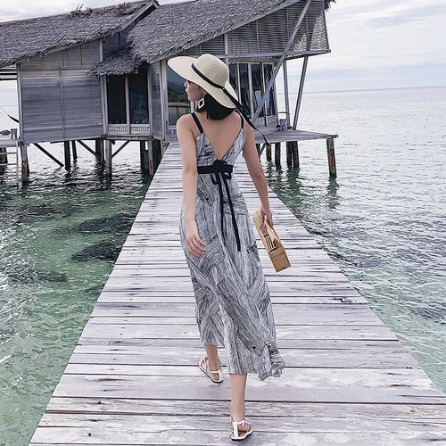 Backless Vacation Vestidos Lace Up Bowknot Summer Dresses Print Spaghetti Strap Beach Dress Mid Long Elegant Fashion Robe Femme | Женская