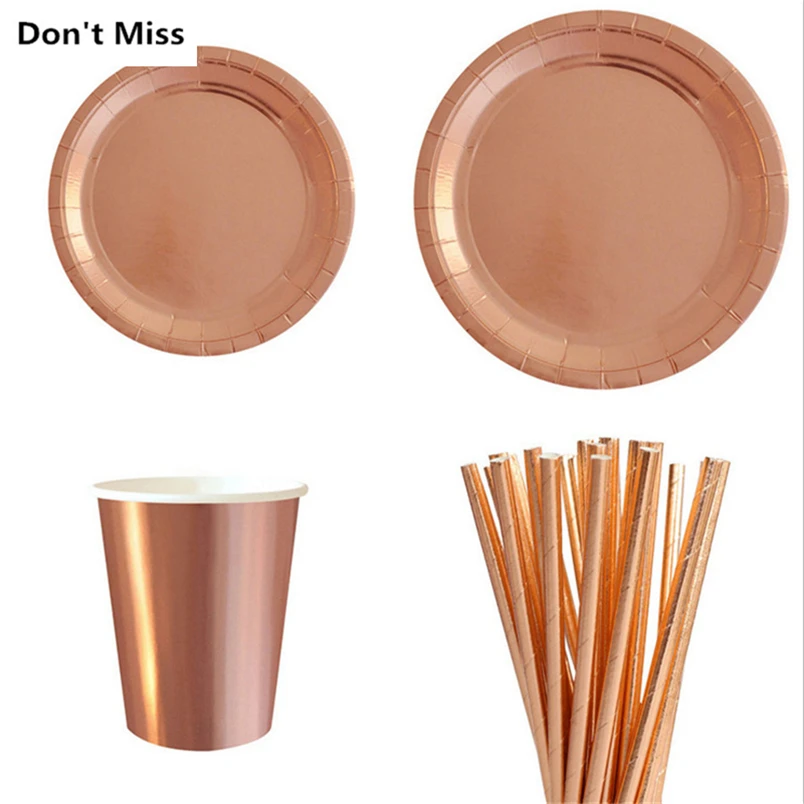 

New Rose Gold Party Disposable Tableware Champagne Cup Plate Straws 1st Birthday Party Decor Kids Baby Shower Party Supplies