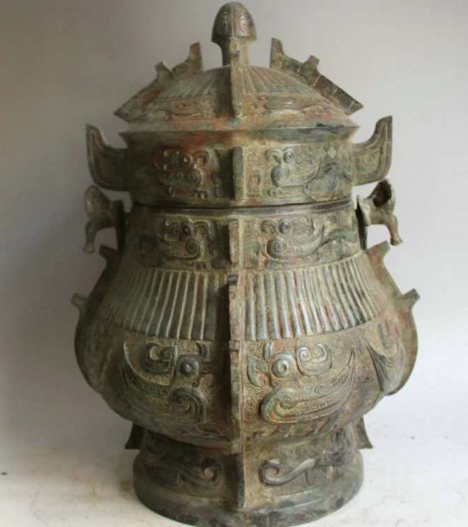 Elegant old S2169 20" Old Chinese Bronze Folk Beast Bird food vessel portable Pot jug jar kettle statue (A0322)