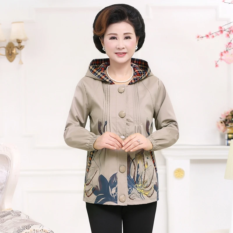

Elegant middle-aged women's spring and autumn new loose large size printed long-sleeved printed hooded jacket