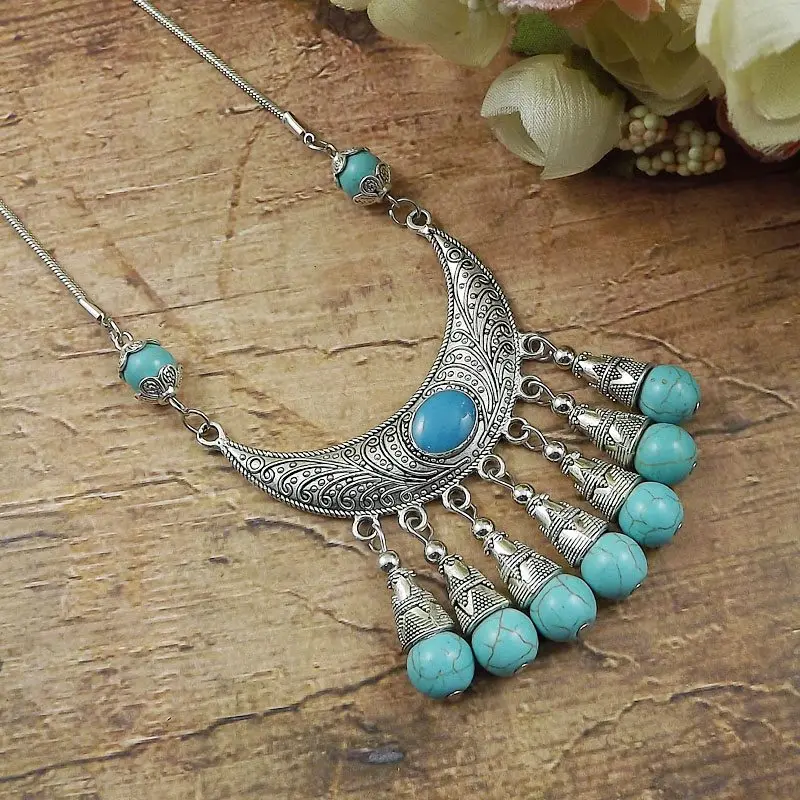 Women Boho Chain Jewelry Flower Shape Turquoise Pendant Tibetan Silver Necklace 