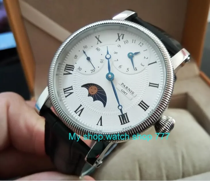 Бабочка Пряжка 44 мм PARNIS Moon Phase механические мужские часы с ручным заводом многофункциональные механические часы gd249A