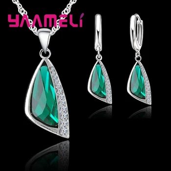 

925 Sterling Silver Women Bridal Jewelry Sets Fashion Green Cubic Zirconia Pendant Necklace Earrings Set For Engagement