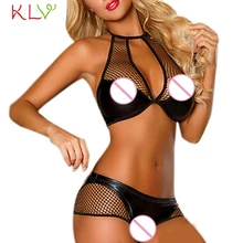 Дамский бюстгальтер, трусики, наборы, черное сексуальное кожаное Сетчатое белье, женское нижнее белье, экзотическое Babydoll Conjunto Lenceria Mujer размера плюс, 19Feb1