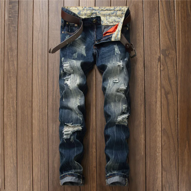 Fashion classic blue destroyed men ripped jeans 2017 mens trousers